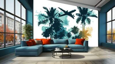 Airplane and palm trees watercolor vector illustration. Travel by plane or tourism on tropical islands. Vector EPS 10 Wall mural