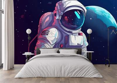 Astronaut in a space suit is flying in space next to planets and stars. Vector illustration EPS 10 Wall mural