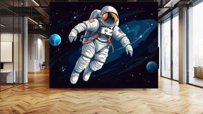 Astronaut in a space suit is flying in space next to planets and stars. Vector illustration EPS 10 Wall mural