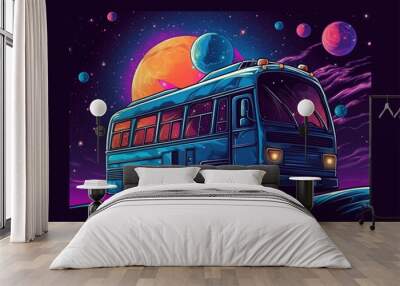 Bus on a planet in space in futuristic color palette. Space travel, space taxi. Vector illustration EPS 10 Wall mural