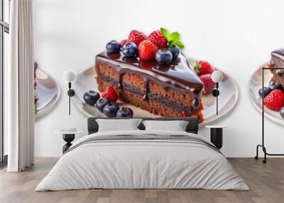 Closeup of a chocolate cake slice with delicious glaze and berries on a white plate isolated on transparent background Wall mural