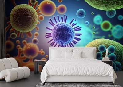 Different types of microbes. Virus cells and bacteria on abstract background. Generative AI Wall mural