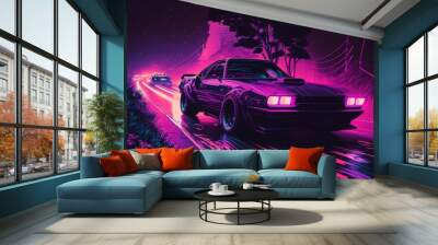 Driving in the night, futuristic synth-wave car in purple neon colours. Generative AI Wall mural