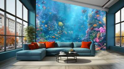 Fantasy underwater world with corals and tropical fish. marine wallpaper. undersea fauna of tropics Wall mural