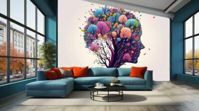 Human face tree with flowers, self care and mental health concept, positive thinking, creative mind illustration. Generative AI Wall mural