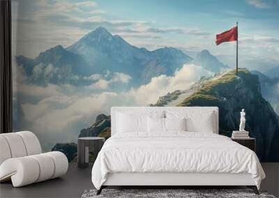 road going to flag on mountain top, business goals achievement concept Wall mural