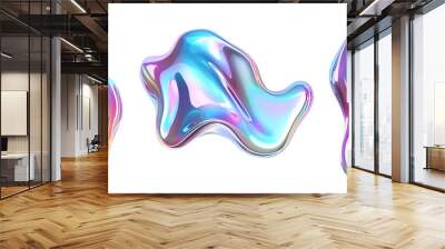 Set of 3D Iridescent holographic fluid shape blob with colorful gradients elements design, isolated on transparent background Wall mural