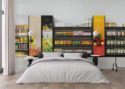 Supermarket shelves mockup with shelf talkers Wall mural