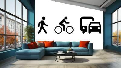 Types of movement and transport icon set. On foot by bike and by car or by public transport. Vector EPS 10 Wall mural