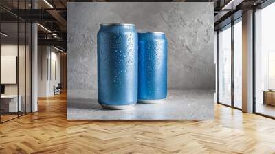 2 blue aluminum cans with condensation drops. Beer or soda drink package. Refreshing beverage. Wall mural