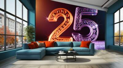 Abstract number twenty five, futuristic glossy 25 symbol, water droplets. Neon colors. 3D rendering Wall mural