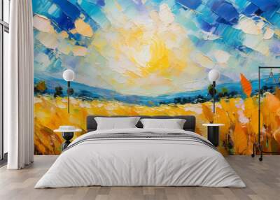 Abstract oil painting of golden wheat field under blue beautiful sky with white clouds. Hand drawn Wall mural