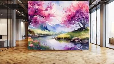 Abstract watercolor painting of scenery with pink blooming trees and river. Natural spring landscape. Wall mural