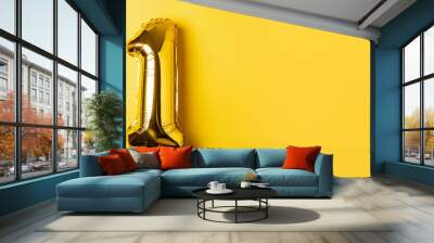 Banner with number 1 golden balloon. One year. Anniversary celebration. Bright yellow background Wall mural