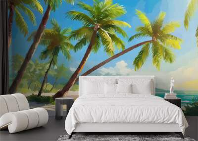 Beach scene with tall green palm trees, blue ocean and sandy beach. Tropical paradise. Summer landscape. Wall mural