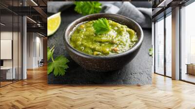 Bowl of delicious green salsa Verde sauce on dark table. Fresh and tasty semi-solid food. Close-up. Wall mural