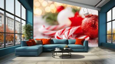 Candy canes, Christmas decoration on blurred background. Winter holiday season. Wall mural