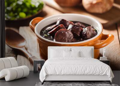 Close-up of Brazilian feijoada over wooden table. Tasty meal. Delicious food for dinner. Wall mural