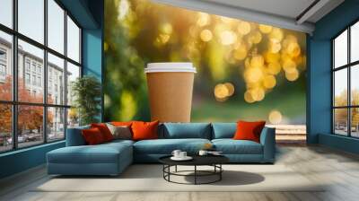 Close-up of coffee cup on wooden table. Tasty hot drink. Delicious beverage. Beautiful summer background. Wall mural