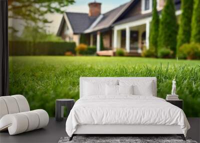 Close-up of green lawn with blurred house in the background. Backyard landscaping. Wall mural