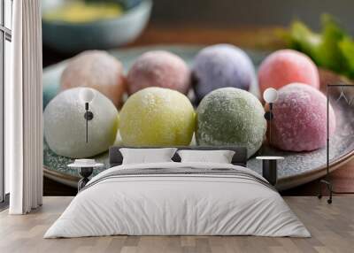 Delicate mochi balls on ceramic plate. Traditional Japanese dessert. Rice cake. Sweet tasty food. Wall mural