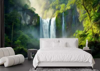 Detailed illustration majestic waterfall and green jungles. Natural landscape. Scenery of wild nature. Wall mural