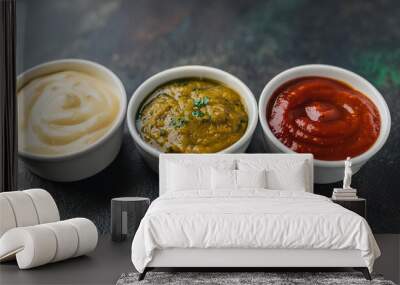 Flavorful sauces in white porcelain bowls on dark stone background. Homemade sauces for food. Wall mural