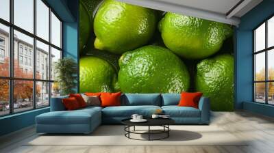 Fresh limes with water drops. Tasty and juicy citrus fruit. Close-up. Top view. Natural backdrop. Wall mural