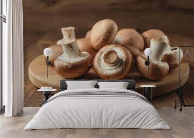 Fresh mushrooms on wooden board. Tasty vegetable. Organic and healthy. Wall mural