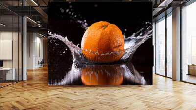 Fresh oranges and water splash against black background. Tasty sweet food. Natural fruit. Wall mural