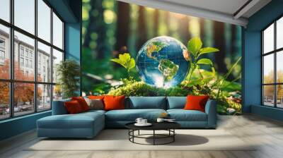 Glass globe in green forest. Transparent glass sphere. Environment conservation. Happy Earth day banner. Wall mural