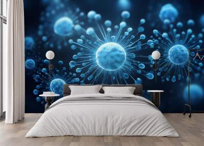 Glowing blue cells floating in dark. Medical research. For scientific and educational purposes. Wall mural