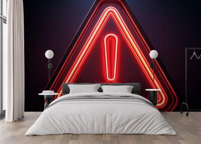 Glowing neon red triangle sign with exclamation point on dark. Warning indicator. Alert signal. Wall mural