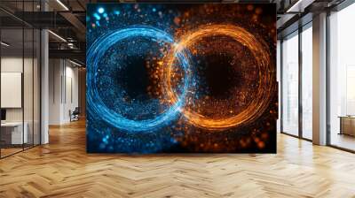 Glowing orange and blue light circles intersect, sparkling particles. Abstract magical design. Wall mural