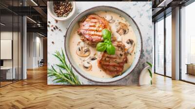 Grilled veal chops with mushroom cream sauce. Tasty meat. Delicious restaurant dish. Wall mural