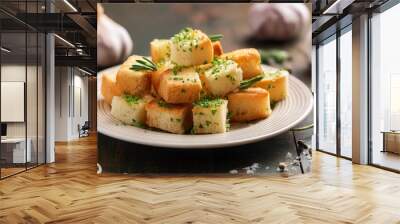 Herbed garlic and parmesan croutons on plate. Tasty and healthy snack. Delicious food Wall mural