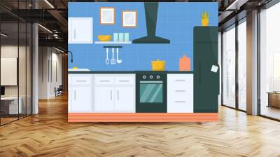 Kitchen room interior with furniture and appliances Modern indoor house design. Home art. Flat style vector. Cartoon illustration. Wall mural