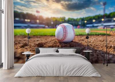 Leather baseball lying on the ground on a baseball field. Professional active sport. Blurred arena Wall mural