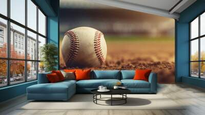 Leather baseball lying on the ground on a baseball field. Professional active sport. Blurred arena Wall mural