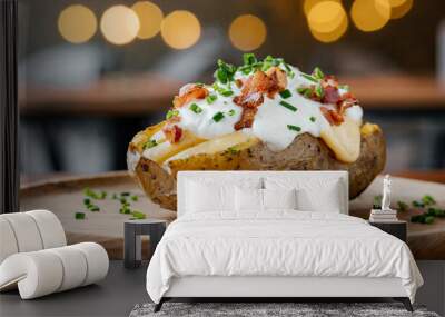 Loaded baked potato, baked potato topped with cheese, sour cream, bacon and green onion. Wall mural