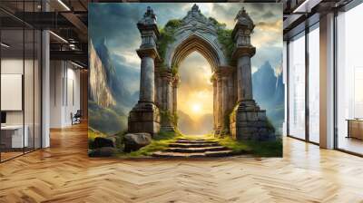 Magic stone gate with light coming through pillars. Old arch. Mysterious portal to another world Wall mural