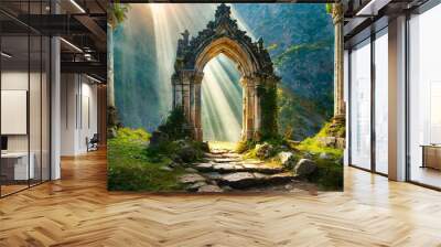 Magic stone gate with light coming through pillars. Old arch. Mysterious portal to another world Wall mural