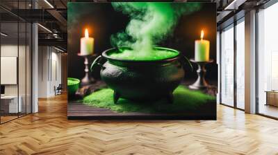 Magical cauldron with green potion and smoke. Burning candles. Mystical concept. Wall mural