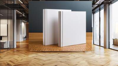 Mock-up of two blank white books with hard cover on wooden table. Empty template. Wall mural