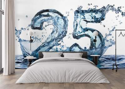 number 25 made of water with splashes on white background. blue liquid figure. 3d rendering. Wall mural