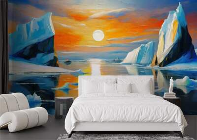 Oil painting of North Pole landscape with melting ice in blue water. Icy arctic glacier. Wall mural