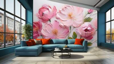 Oil painting of pink flowers on white canvas. Palette knife technique. Hand drawn botanical art. Wall mural