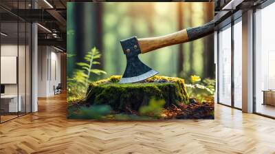 Old sharp axe with wooden handle stuck in tree stump in dark forest. Woodcutter's tool. Wall mural