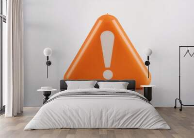 Plastic orange triangle shape with exclamation mark on dark backdrop. 3D rendering. Warning sign. Wall mural