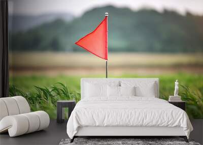 Small red triangle flag in green grass. Warning of danger and dangerous areas. Close-up. Wall mural